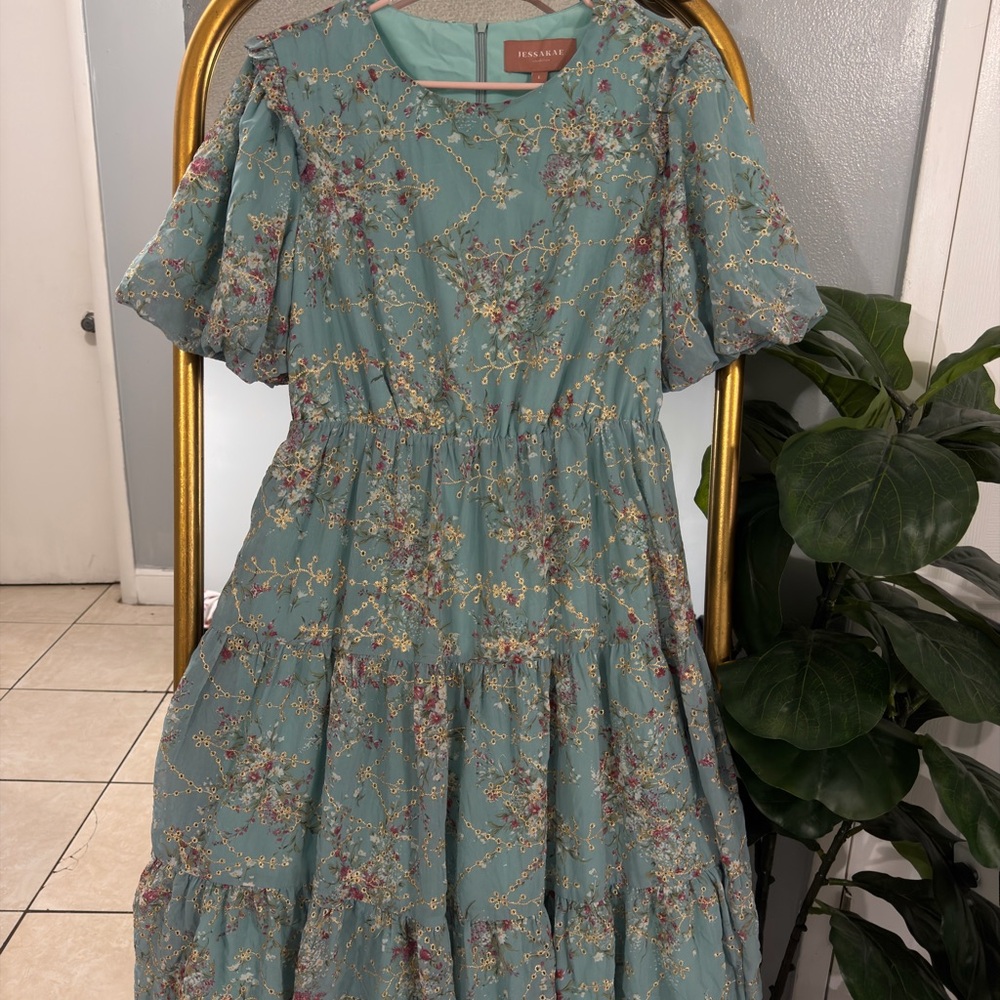 JessaKae Teal Floral Dress with Gold Embroidery - Picture 2 of 3